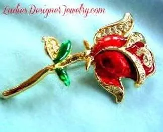 Vintage Art Deco Red Enamel Rose Flower Brooch Pin, Wedding Bridal Designer Fashion Floral Jewelry Flowers