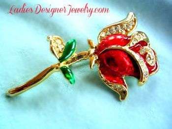 Vintage Art Deco Red Enamel Rose Flower Brooch Pin, Wedding Bridal Designer Fashion Floral Jewelry Flowers