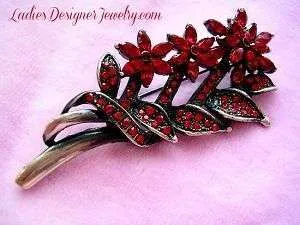 Vintage Ruby Red Garnet Rhinestone Flower Pin Brooch Bouquet Flowers