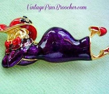 Vintage Diamond Rhinestone Hand Painted Red Purple Enamel Ruby The Red Hatter Brooch Pin, Red Hat Society Brooches Pins Jewelry