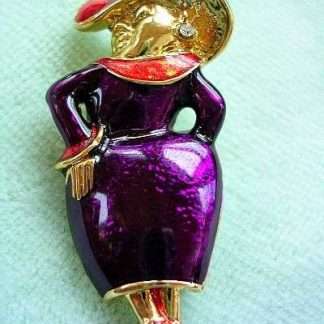 Vintage Diamond Rhinestone Hand Painted Red Purple Enamel Ruby The Red Hatter Brooch Pin, Red Hat Society Brooches Pins Jewelry NY3