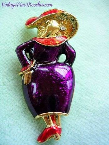 Vintage Diamond Rhinestone Hand Painted Red Purple Enamel Ruby The Red Hatter Brooch Pin, Red Hat Society Brooches Pins Jewelry NY3