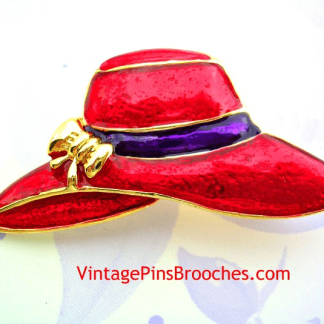 Vintage Ladies Red Hat Society Red Purple Enamel Gold Plated Fashion Hat Brooch Pin Jewelry, NY5