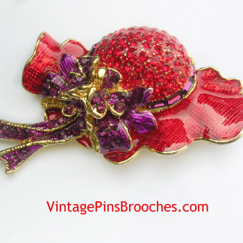 Vintage Gold Plate Designer Ruby Red Purple Amethyst Baguette Rhinestone Hat Brooch Pin Pendant, Red Hat Society Fashion Jewelry Pins Brooches