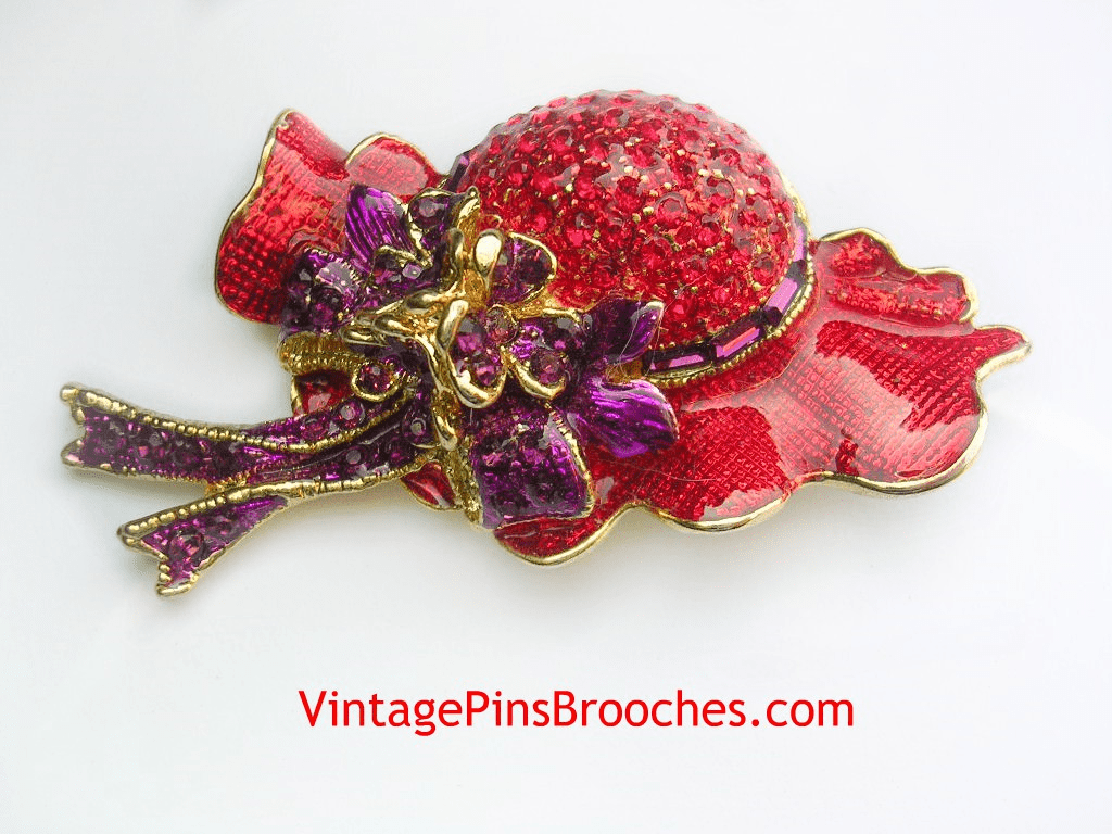 Vintage Gold Plate Designer Ruby Red Purple Amethyst Baguette Rhinestone Hat Brooch Pin Pendant, Red Hat Society Fashion Jewelry Pins Brooches
