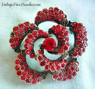 Vintage Silver Plate Ruby Red Garnet Rose Flower Pin Brooch, Ladies Designer Fashion Pins Roses