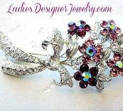 Aurora Borealis Iridescent Purple Amethyst Crystal Rhinestone Flower Pin Brooch Bouquet