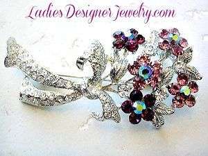Aurora Borealis Iridescent Purple Amethyst Crystal Rhinestone Flower Pin Brooch Bouquet