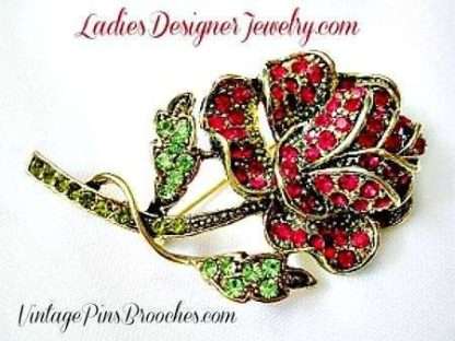 Vintage Large Ruby Garnet Olivine Rhinestone Rose Pin Brooch Jewelry, Women's Brooches Pins Roses