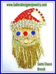 Vintage Motion Santa Clause Christmas Brooch Pin Ruby Diamond Blue Sapphire Rhinestones, Women's Holiday Designer Jewelry