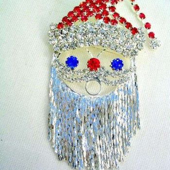 Vintage Silver Plate Motion Santa Clause Christmas Brooch Pin Ruby Diamond Blue Sapphire Rhinestones, Women's Holiday Designer Jewelry
