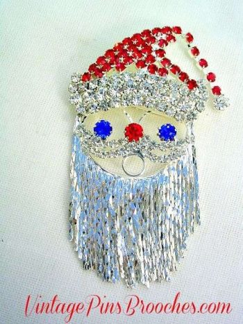 Vintage Silver Plate Motion Santa Clause Christmas Brooch Pin Ruby Diamond Blue Sapphire Rhinestones, Women's Holiday Designer Jewelry