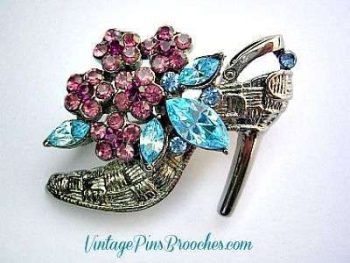 Vintage High Heel Amethyst Blue Topaz Rhinestone Shoe Pin Brooch