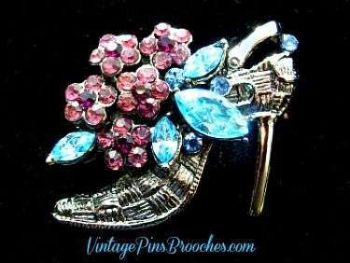 Vintage High Heel Amethyst Blue Topaz Rhinestone Shoe Pin Brooch