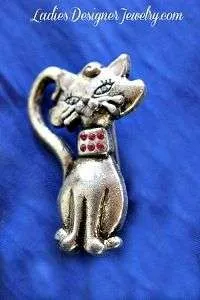 Vintage Pewter Stampted AJMC Cat Pin Brooch Pink Rhinestones Siamese