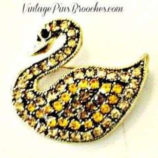 Vintage Smoke Topaz Chaton Rhinestone Swan Pin Brooch, Swans Birds Animals Ladies Designer Jewelry