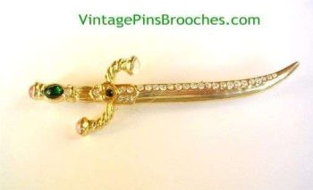 Women's Gold Plate Green Simulated Opal Diamond Rhinestone Vintage Sword Pin Brooch, Christian Religious Swords Brooches Pins