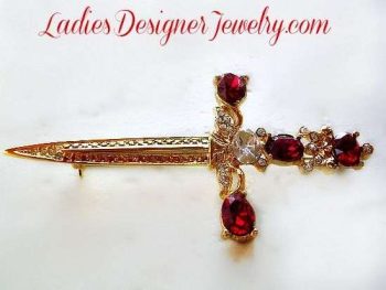 Women's Gold Plate Ruby Red Diamond Rhinestone Vintage Sword Pin Brooch, Christian Religious Swords Brooches Pins