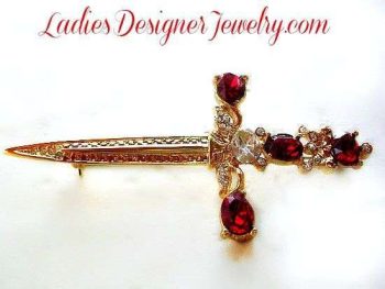 Women's Gold Plate Ruby Red Diamond Rhinestone Vintage Sword Pin Brooch, Christian Religious Swords Brooches Pins