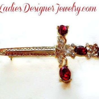 Women's Gold Plate Ruby Red Diamond Rhinestone Vintage Sword Pin Brooch, Christian Religious Swords Brooches Pins