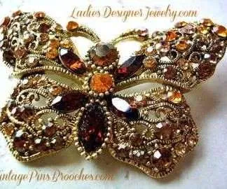 Vintage Brown Topaz Navette Round Rhinestone Butterfly Brooch Pin, Women's Designer Fashion Jewelry Butterflies Wedding Bridal