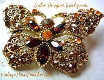 Vintage Brown Topaz Navette Round Rhinestone Butterfly Brooch Pin, Women's Designer Fashion Jewelry Butterflies Wedding Bridal