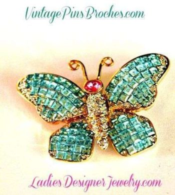 Vintage Turquoise Pink Emerald Cut Square Oval Rhinestone Butterfly Pin Brooch Butterflies, Women's Ladies Designer Fashion Jewelry
