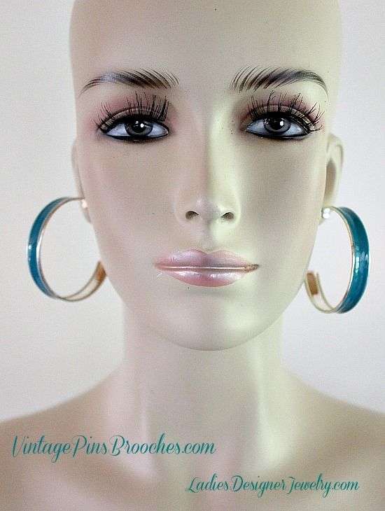 Vintage Turquoise Blue Enamel Silver Tone Bangle Bracelet Hoop Earrings Jewelry Set Bracelets