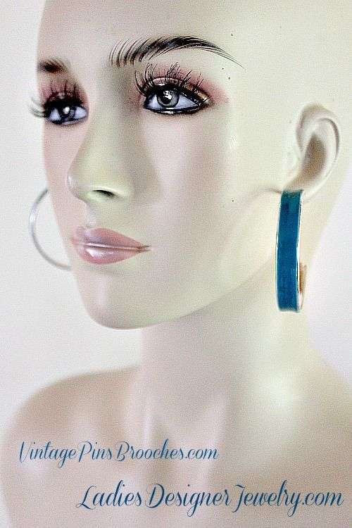 Vintage Turquoise Blue Enamel Silver Tone Bangle Bracelet Hoop Earrings Jewelry Set Bracelets