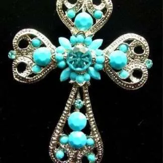 Vintage Large Christian Catholic Orthodox Cross Crucifix Turquoise Aqua Marine Rhinestone Pin Brooch Pendant Combo, Religious Designer Jewelry Women