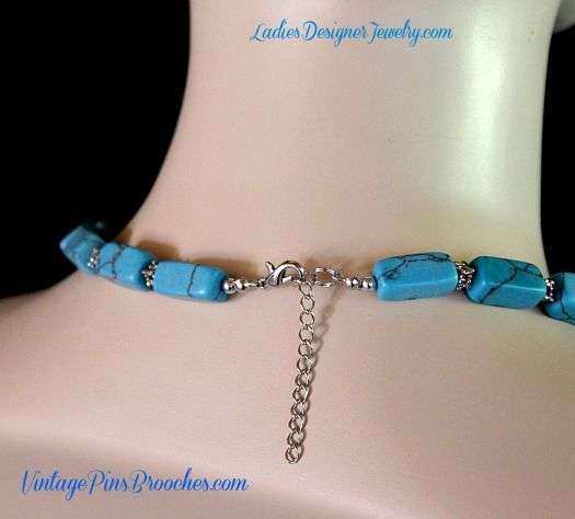 Vintage Turquoise Blue Semi Precious Stone Chunk Bead Necklace Silver-Tone Lobster Claw Clasp Adjustment Chain, Ladies Designer Jewelry Necklaces