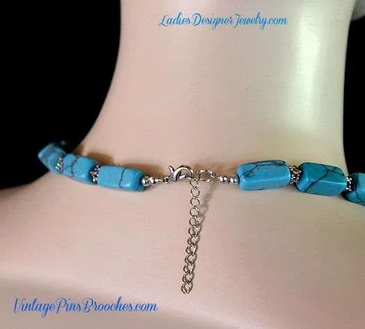 Vintage Turquoise Blue Semi Precious Stone Chunk Bead Necklace Silver-Tone Lobster Claw Clasp Adjustment Chain, Ladies Designer Jewelry Necklaces