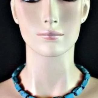 Vintage Turquoise Blue Semi Precious Stone Chunk Bead Necklace Silver-Tone Lobster Claw Clasp Adjustment Chain, Ladies Designer Jewelry Necklaces