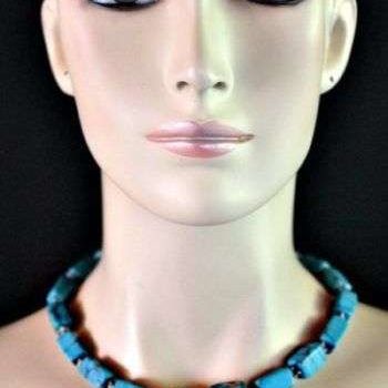Vintage Turquoise Blue Semi Precious Stone Chunk Bead Necklace Silver-Tone Lobster Claw Clasp Adjustment Chain, Ladies Designer Jewelry Necklaces