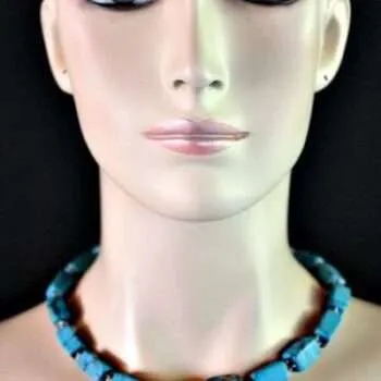 Vintage Turquoise Blue Semi Precious Stone Chunk Bead Necklace Silver-Tone Lobster Claw Clasp Adjustment Chain, Ladies Designer Jewelry Necklaces
