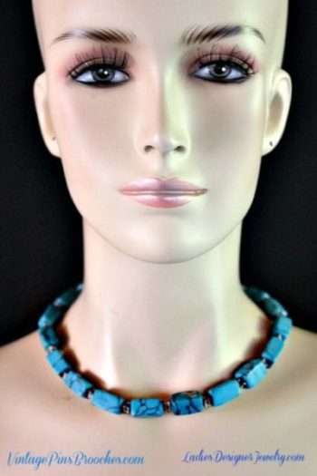 Vintage Turquoise Blue Semi Precious Stone Chunk Bead Necklace Silver-Tone Lobster Claw Clasp Adjustment Chain, Ladies Designer Jewelry Necklaces