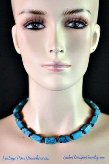 Vintage Turquoise Blue Semi Precious Stone Chunk Bead Necklace Silver-Tone Lobster Claw Clasp Adjustment Chain, Ladies Designer Jewelry Necklaces