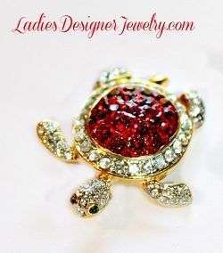 Vintage Ruby Red Emerald Crystal Rhinestone Turtle Tortoise Pin Brooch