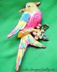 Large Bird Pave Rhinestone Pink Enamel Pin Figural Vintage Broach