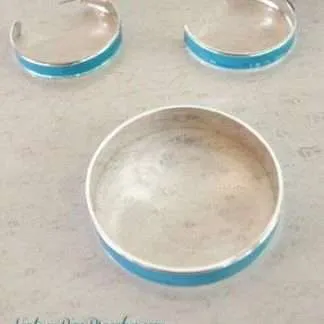Vintage Turquoise Blue Enamel Silver Tone Bangle Bracelet Hoop Earrings Jewelry Set Bracelets