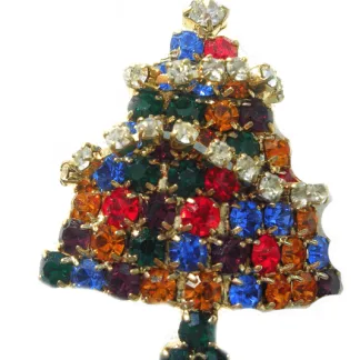 Vintage Emerald Ruby Diamond Blue Sapphire Rhinestone Christmas Tree Pin Brooch Holiday Jewelry Small Brooches