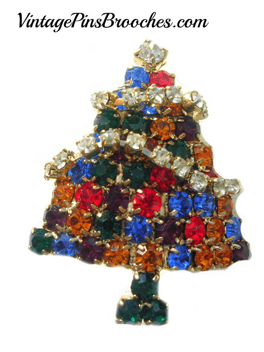 Vintage Emerald Ruby Diamond Blue Sapphire Rhinestone Christmas Tree Pin Brooch Holiday Jewelry Small Brooches