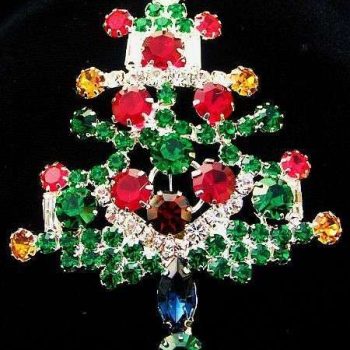 Vintage Prong Set Silver Plate Emerald Diamond Ruby Rhinestone Christmas Tree Pin Brooch, Estate Holiday Jewelry Brooches Pins