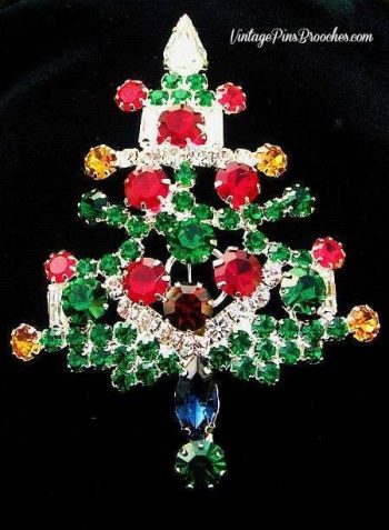 Vintage Prong Set Silver Plate Emerald Diamond Ruby Rhinestone Christmas Tree Pin Brooch, Estate Holiday Jewelry Brooches Pins