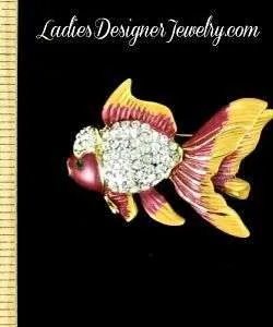 Gold Fish Pin Brooch Pave Rhinestone Brooch Marine Life Gold Coral