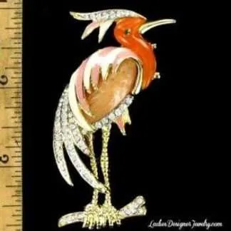 Vintage Hattie Carnegie Rhinestone Resin Coral Lucite Enamel Crane Flamingo Heron Figural Bird Brooch Pin Fashion Jewelry