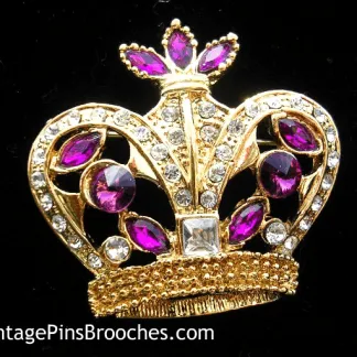 Vintage Purple Amethyst Diamond Rhinestone Royal Princess Queen’s Crown Brooch Pin Jewelry, Prom Pageant Religion Brooches Pins