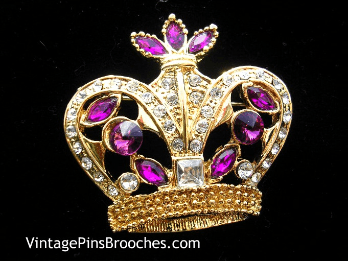 Vintage Purple Amethyst Diamond Rhinestone Royal Princess Queen’s Crown Brooch Pin Jewelry, Prom Pageant Religion Brooches Pins