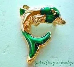 Emerald Green Enamel Gold Plate Dolphin Pin Brooch Aquatic Mammal