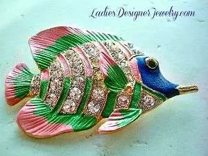 Handpainted Large Tropical Rhinestone Pink Green Blue Fish Pin Brooch